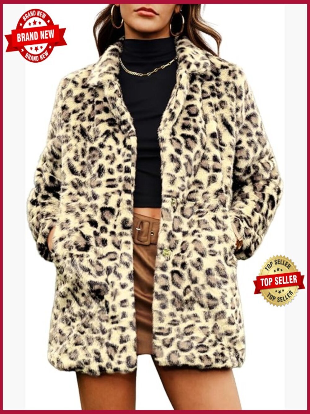 Faux Fur Leopard Coat with Notch Lapel Long Winter Jacket
